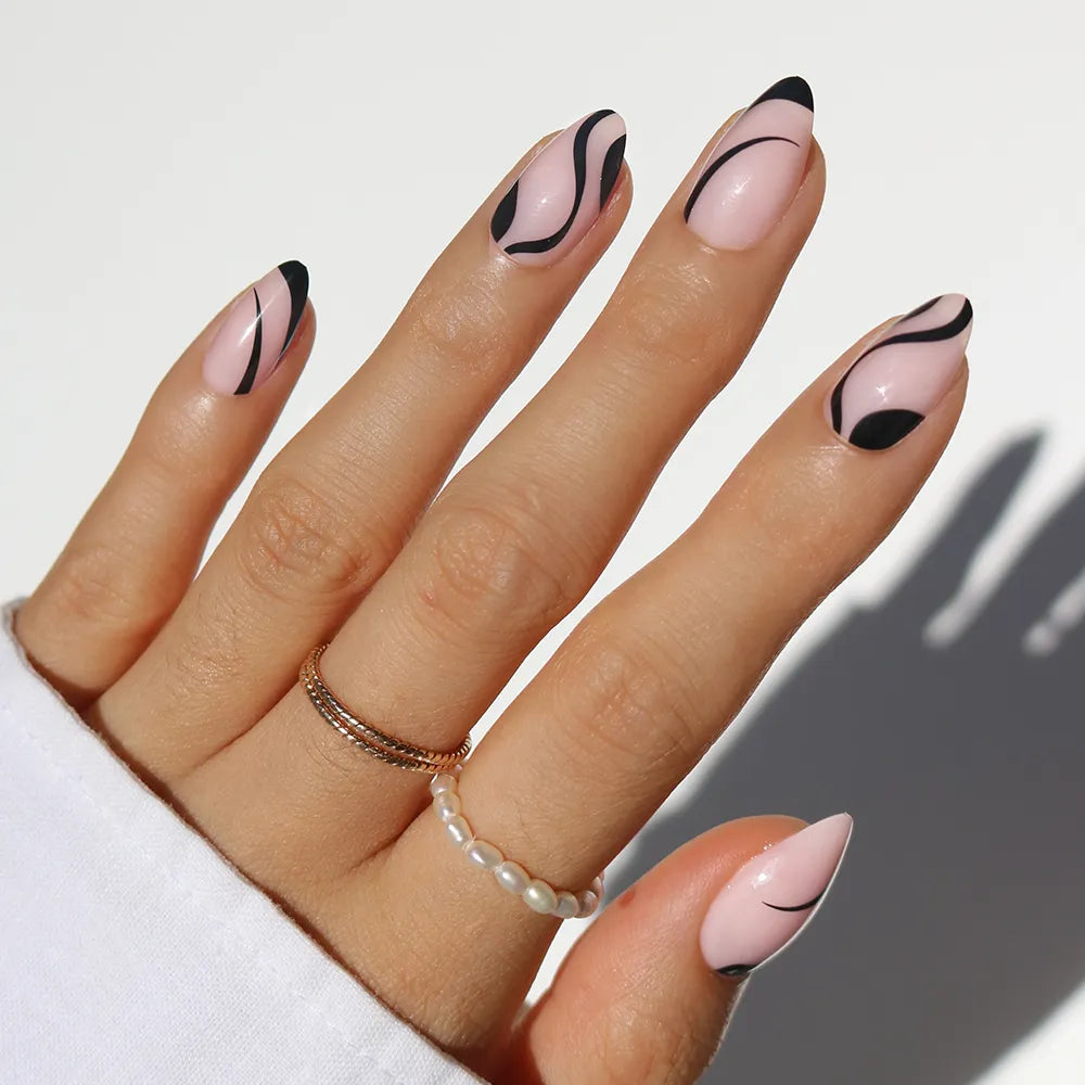 Ink Wave soft neutral press-on nails - almond shape, front view