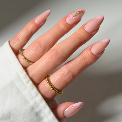 Cherry Bow french tip press-on nails - almond shape, front view