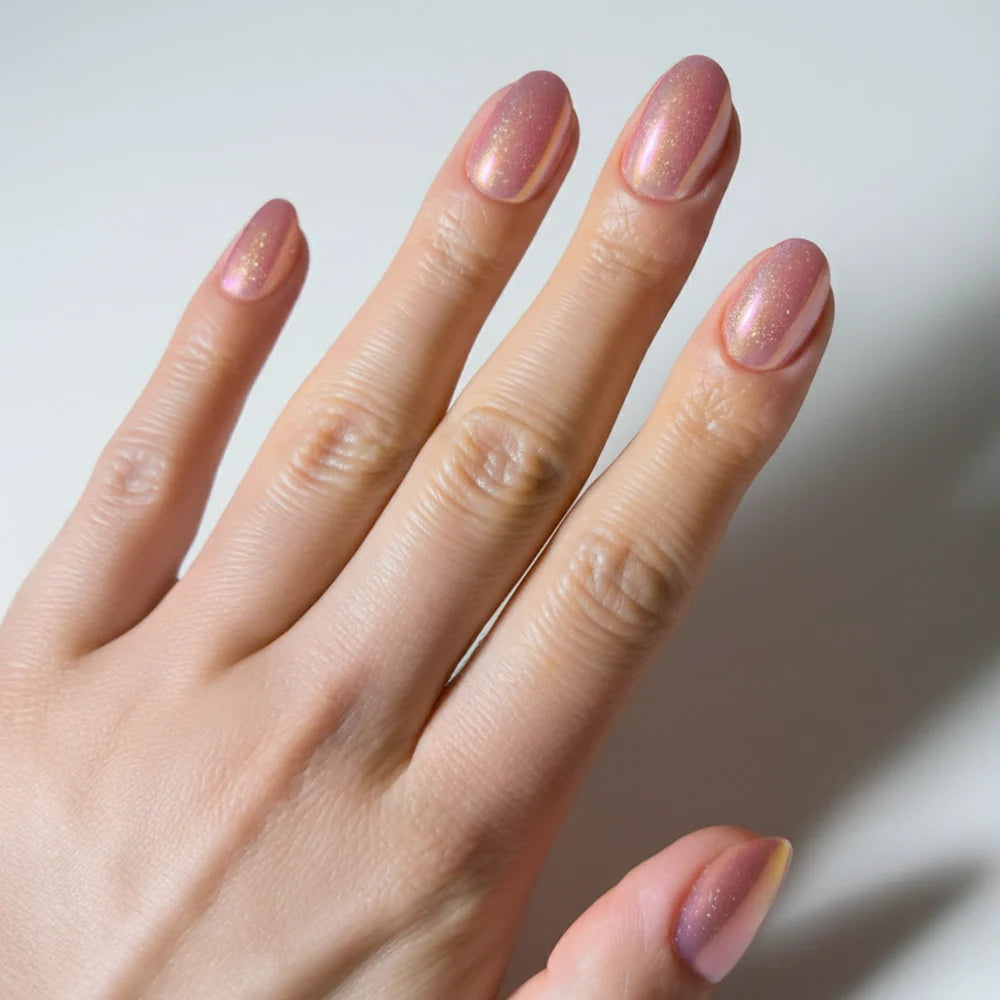 Guava Drop cat-eye velvet press-on nails - oval shape, front view