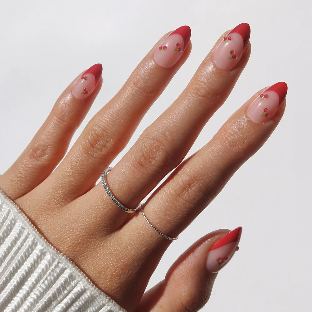 Cherry Bomb french tip press-on nails - almond shape, front view