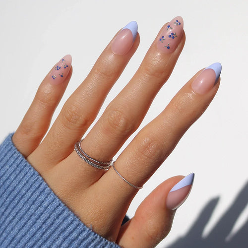 Bluebelle french tip press-on nails - almond shape, front view