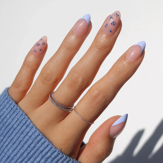 Bluebelle french tip press-on nails - almond shape, front view
