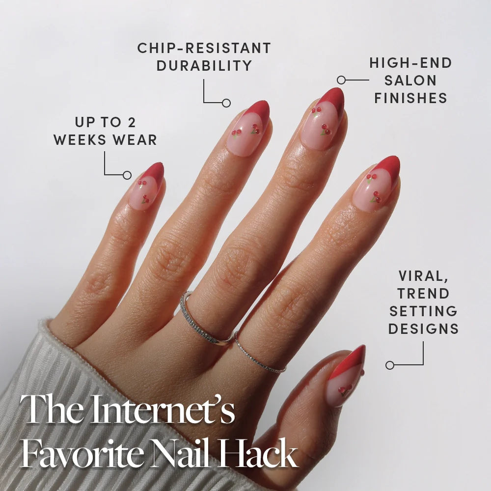 Cherry Bomb press-on nails close-up texture detail - french tip finish, US shipping
