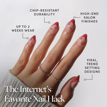 Cherry Bomb press-on nails close-up texture detail - french tip finish, US shipping