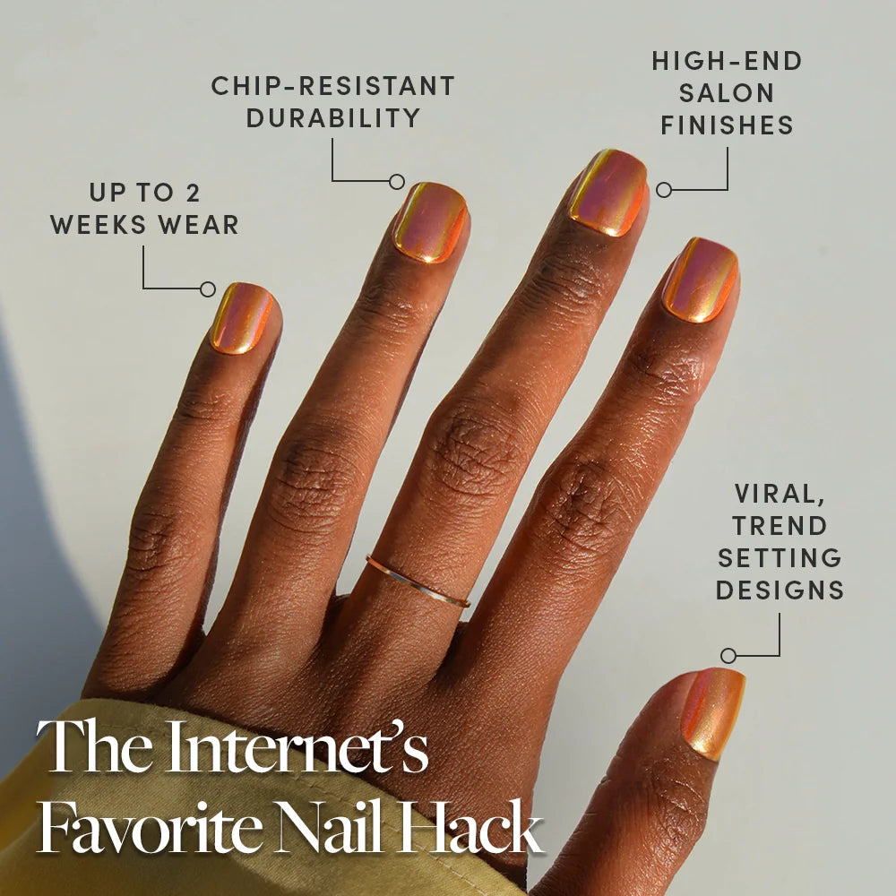 Papaya Chrome press-on nails close-up texture detail - cat-eye velvet finish, US shipping