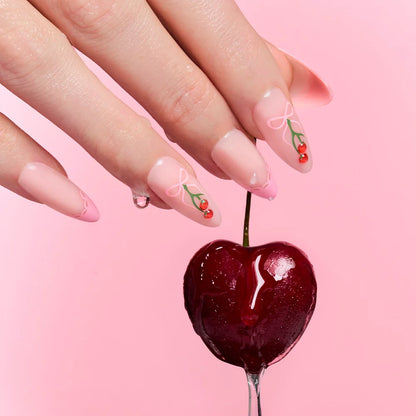 Cherry Bow press-on nails close-up texture detail - french tip finish, US shipping