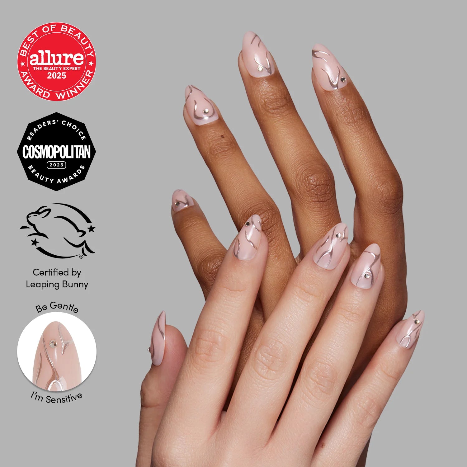 Astro press-on nails on hand - lifestyle photo, 3d sculptural finish