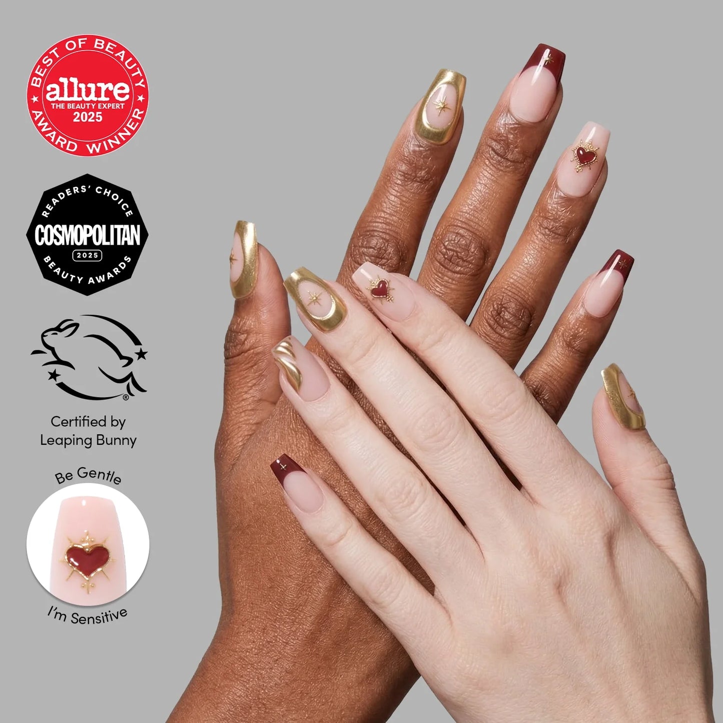 Queen of Hearts press-on nails on hand - lifestyle photo, french tip finish