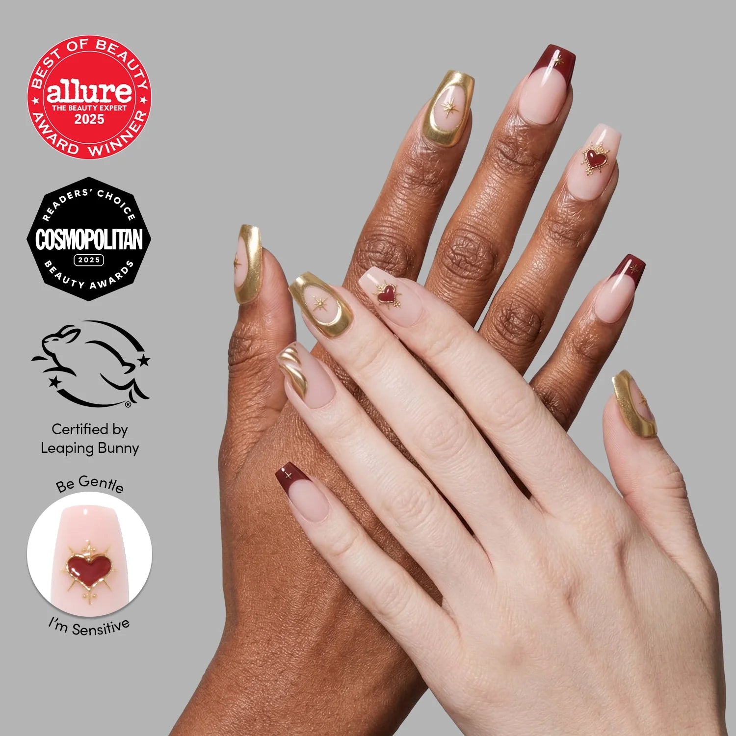 Queen of Hearts press-on nails on hand - lifestyle photo, french tip finish