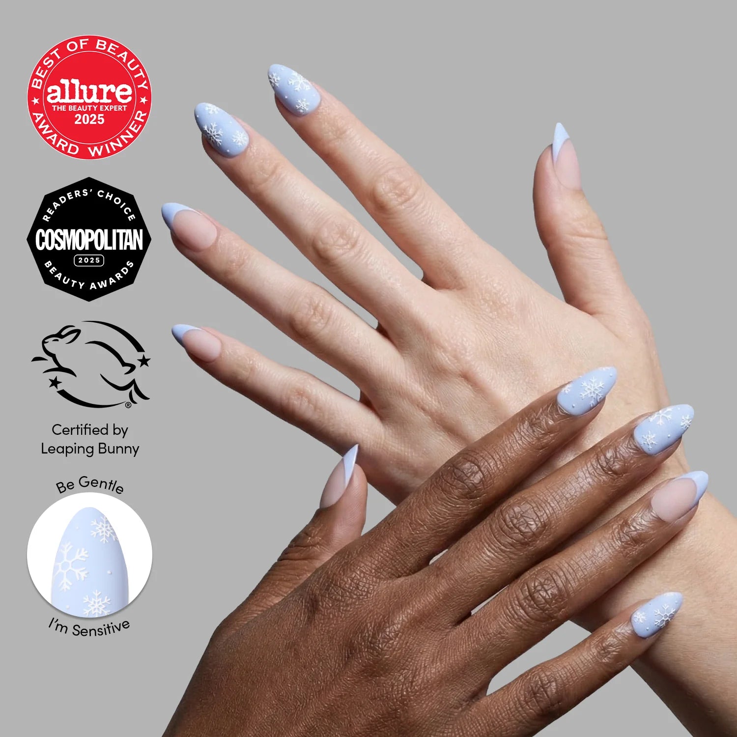 Snow Bunny press-on nails on hand - lifestyle photo, milky cloud dancer finish