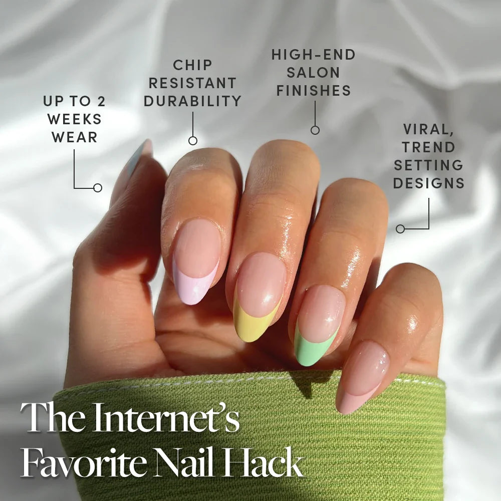 Confetti press-on nails on hand - lifestyle photo, french tip finish