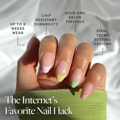 Confetti press-on nails on hand - lifestyle photo, french tip finish