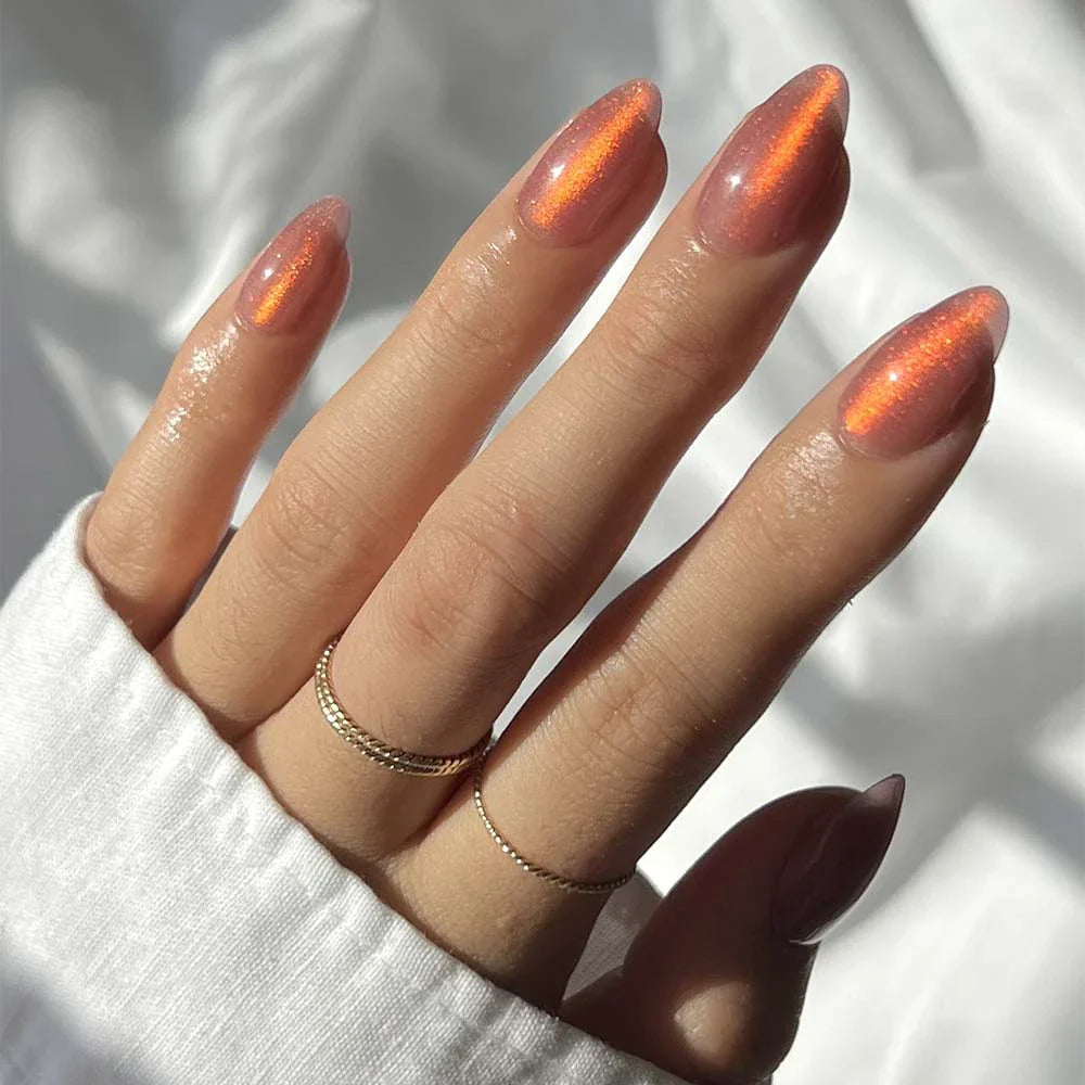 Rosé cat-eye velvet press-on nails - almond shape, front view