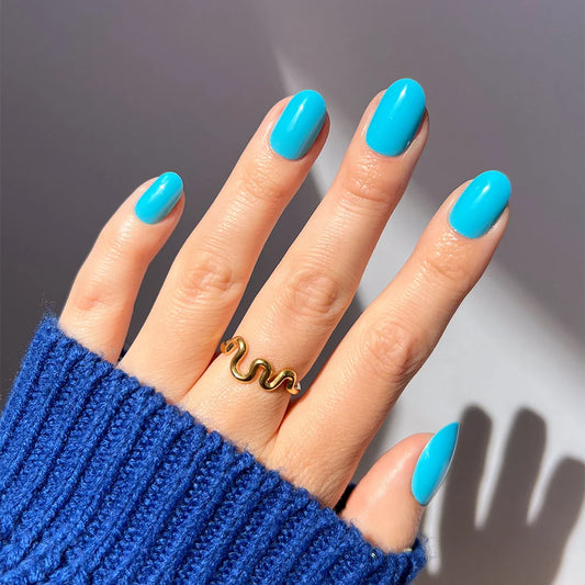 Azure Blue summer press-on nails - round shape, front view