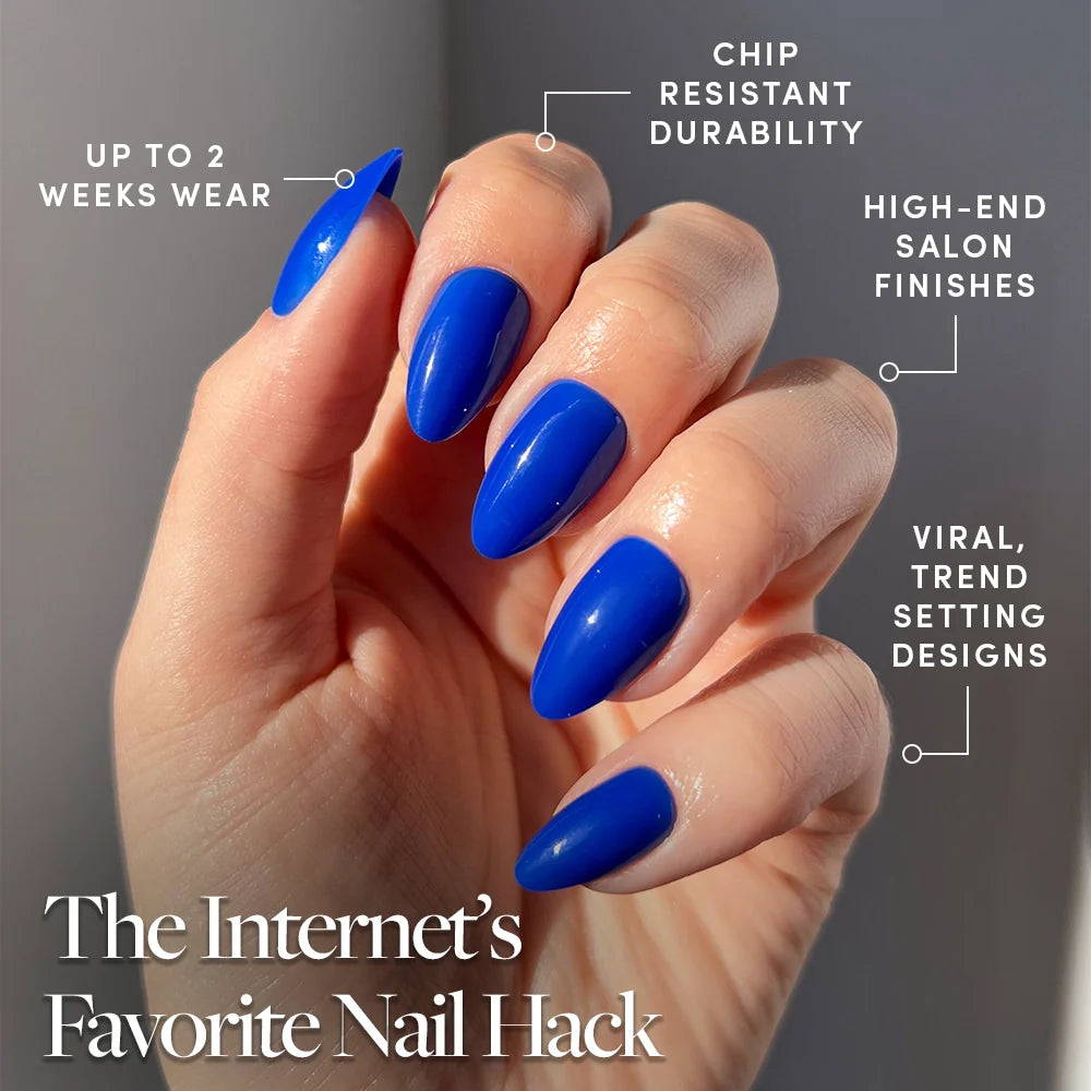 Cobalt Blue press-on nails close-up texture detail - summer finish, US shipping