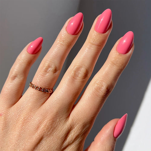Flamingo Pink summer press-on nails - almond shape, front view