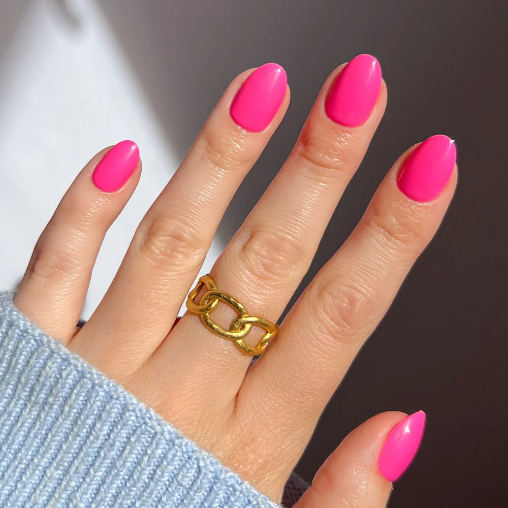 Hot Pink summer press-on nails - oval shape, front view