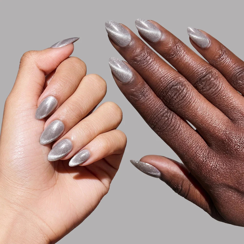 Oslo press-on nails on hand - lifestyle photo, cat-eye velvet finish