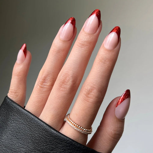 Red Affair french tip press-on nails - almond shape, front view