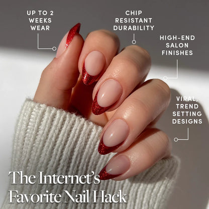 Red Affair press-on nails close-up texture detail - french tip finish, US shipping