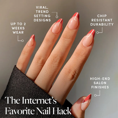 Red Martini press-on nails close-up texture detail - french tip finish, US shipping