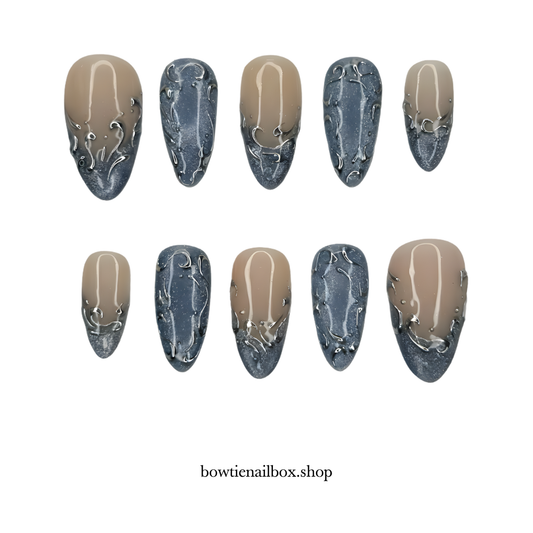 FROZEN NEBULA cat-eye velvet press-on nails - almond shape, front view
