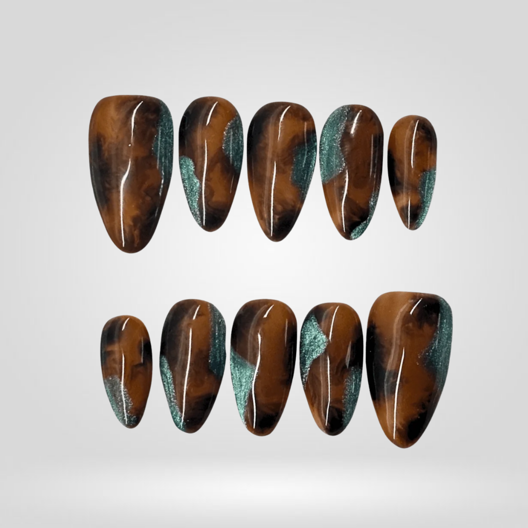 Mocha Mist floral press-on nails - almond shape, front view