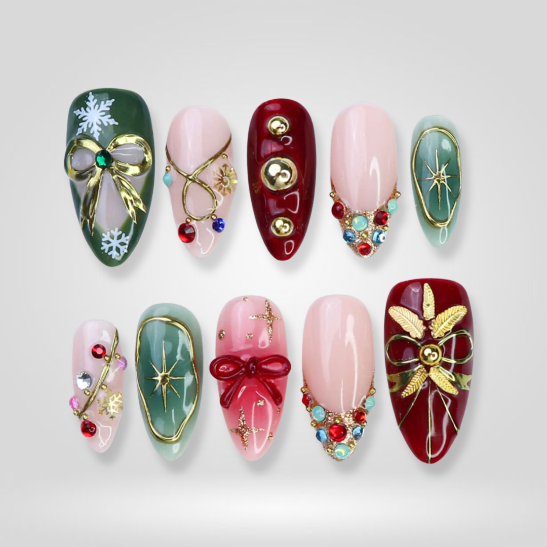 Holly Glow seasonal press-on nails - almond shape, front view