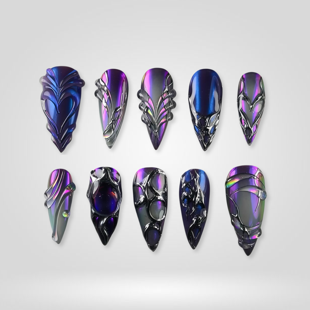 Cyber Nebula 3d sculptural press-on nails - almond shape, front view