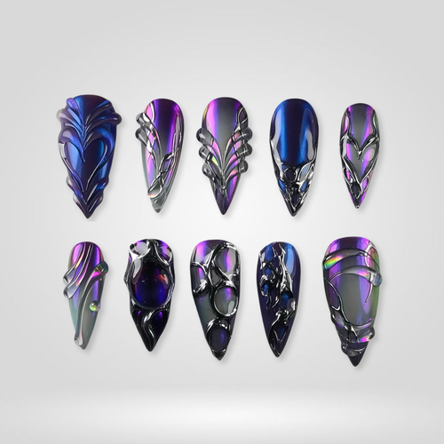 Cyber Nebula 3d sculptural press-on nails - almond shape, front view