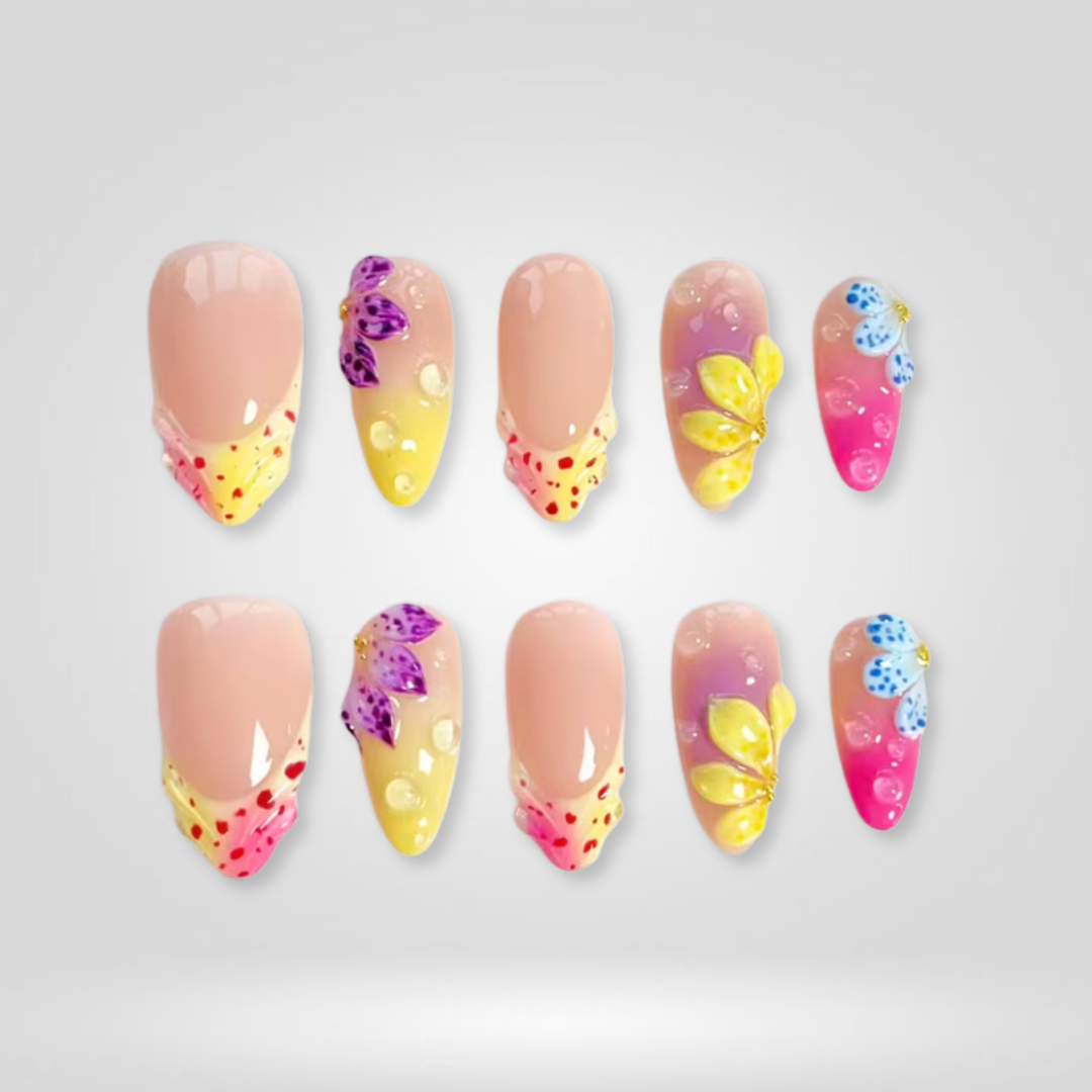 Tropical Orchid butter yellow press-on nails - almond shape, front view