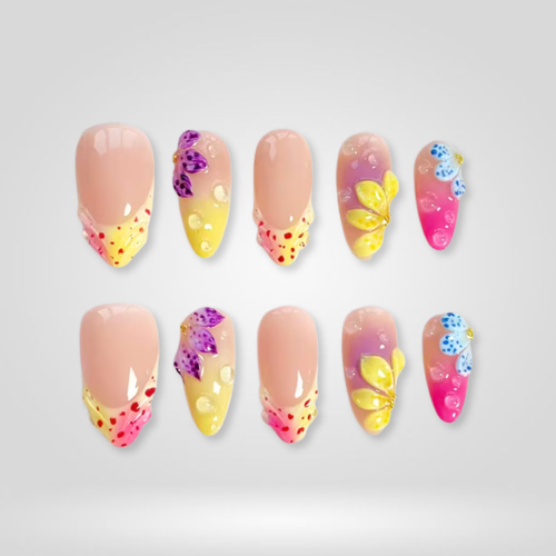 Tropical Orchid butter yellow press-on nails - almond shape, front view