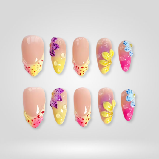 Tropical Orchid butter yellow press-on nails - almond shape, front view
