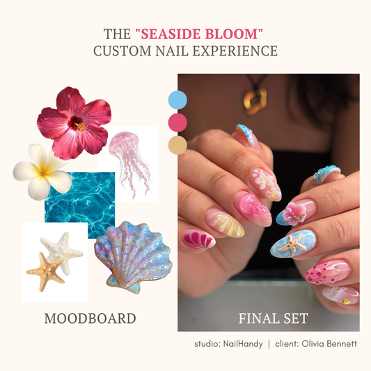 Seaside Bloom custom press-on nail order moodboard and final set example