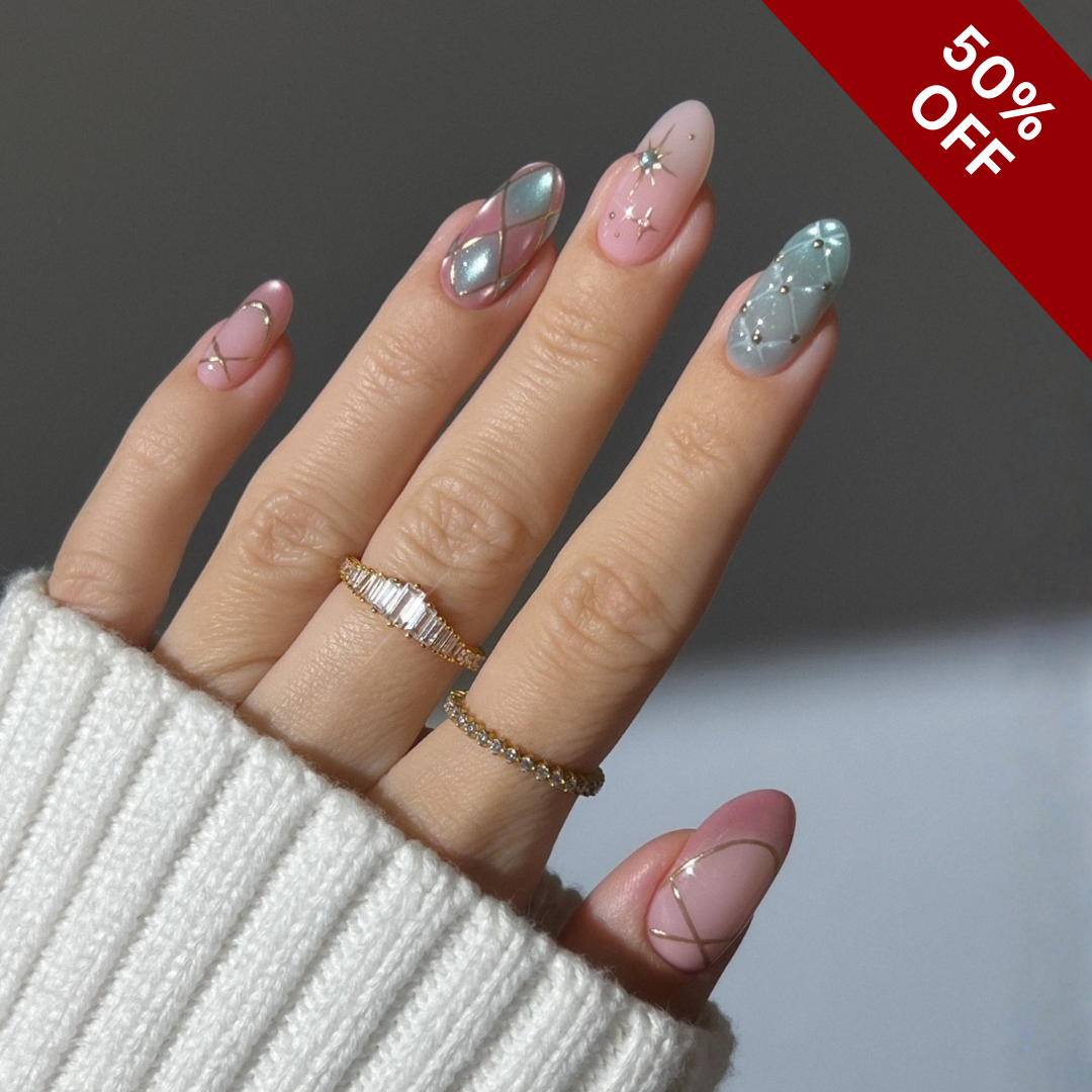 Holiday Whisper press-on nails on hand - lifestyle photo, ombre gradient finish