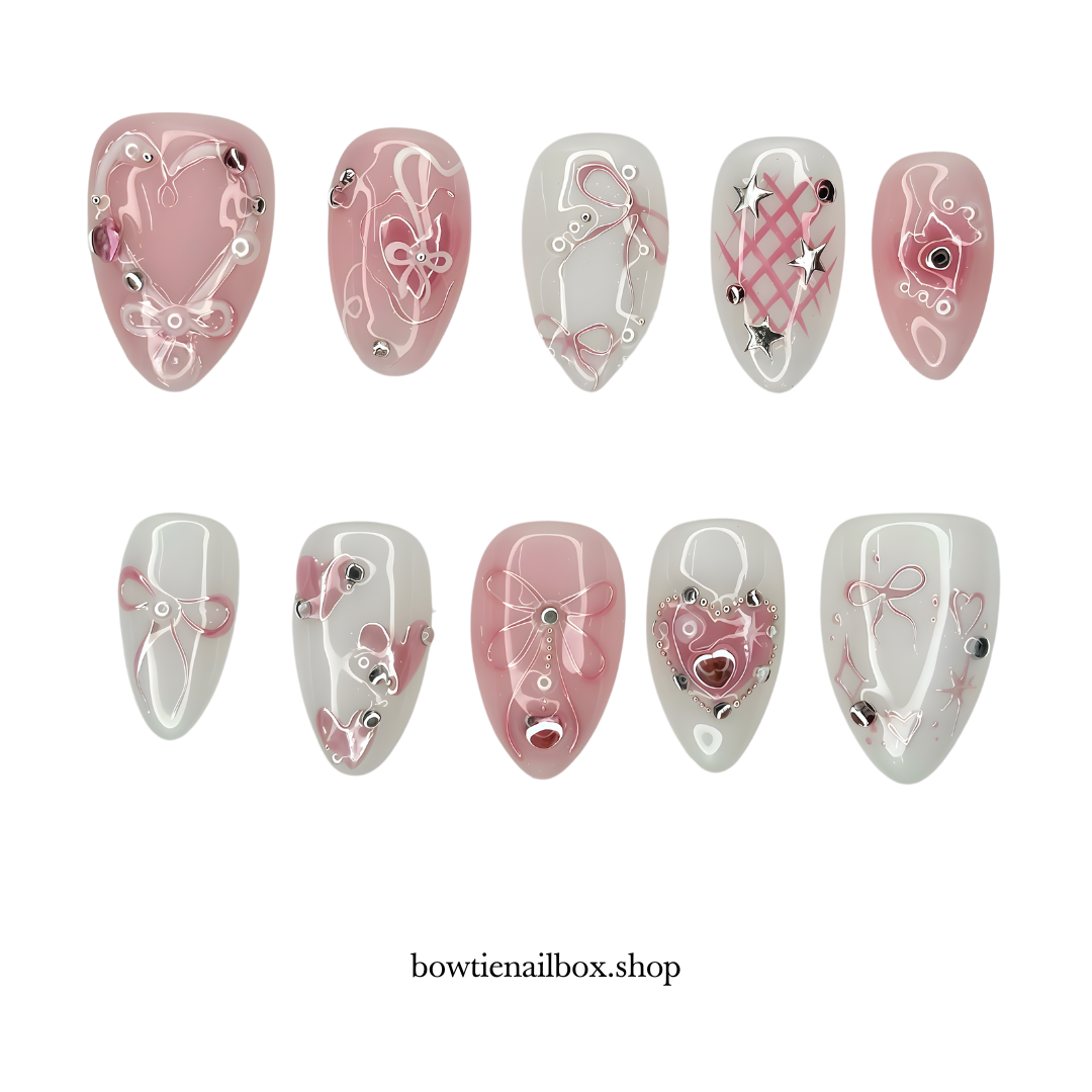 ANGELIC RIBBONS milky cloud dancer press-on nails - almond shape, front view