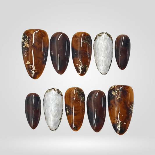 Amber Smoke floral press-on nails - almond shape, front view