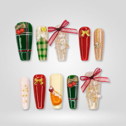 Cozy Present seasonal press-on nails - almond shape, front view