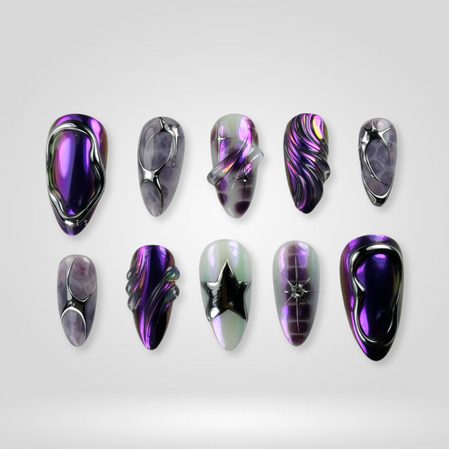 Purple Chrome pearl-shift press-on nails - almond shape, front view