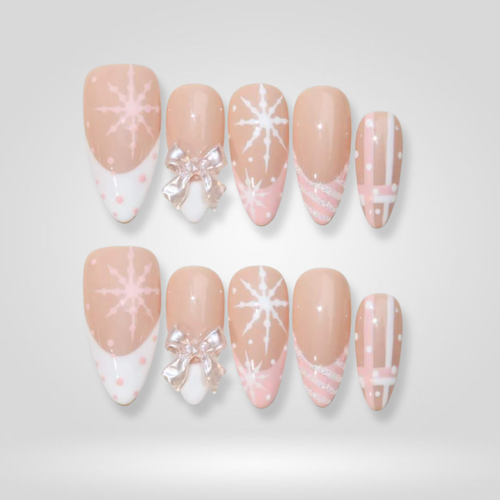 Snow Charm seasonal press-on nails - almond shape, front view