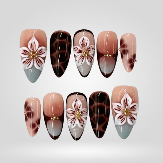 Maple Bloom floral press-on nails - almond shape, front view