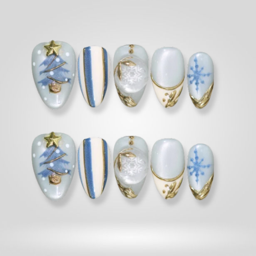 Frost Tree seasonal press-on nails - almond shape, front view