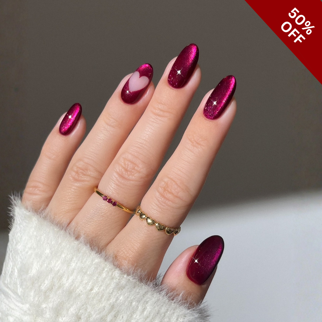 Velvet Valentine cat-eye velvet press-on nails - almond shape, front view