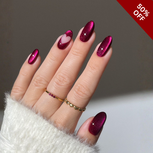Velvet Valentine cat-eye velvet press-on nails - almond shape, front view