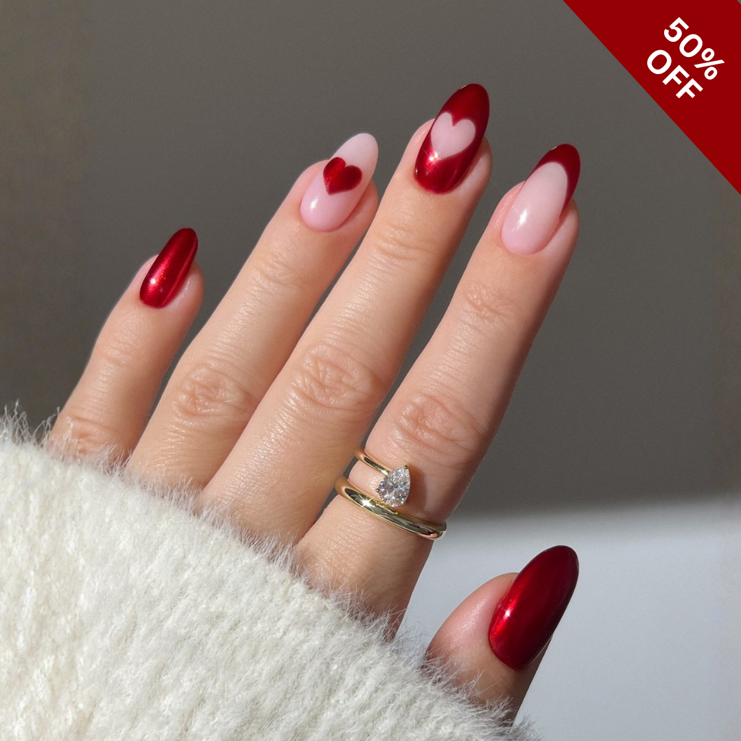 Velvet Valentine press-on nails on hand - lifestyle photo, cat-eye velvet finish