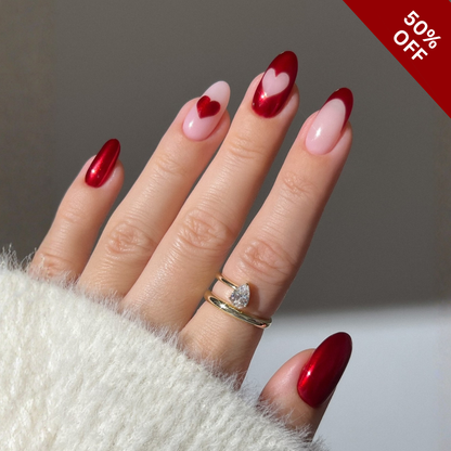 Velvet Valentine press-on nails on hand - lifestyle photo, cat-eye velvet finish