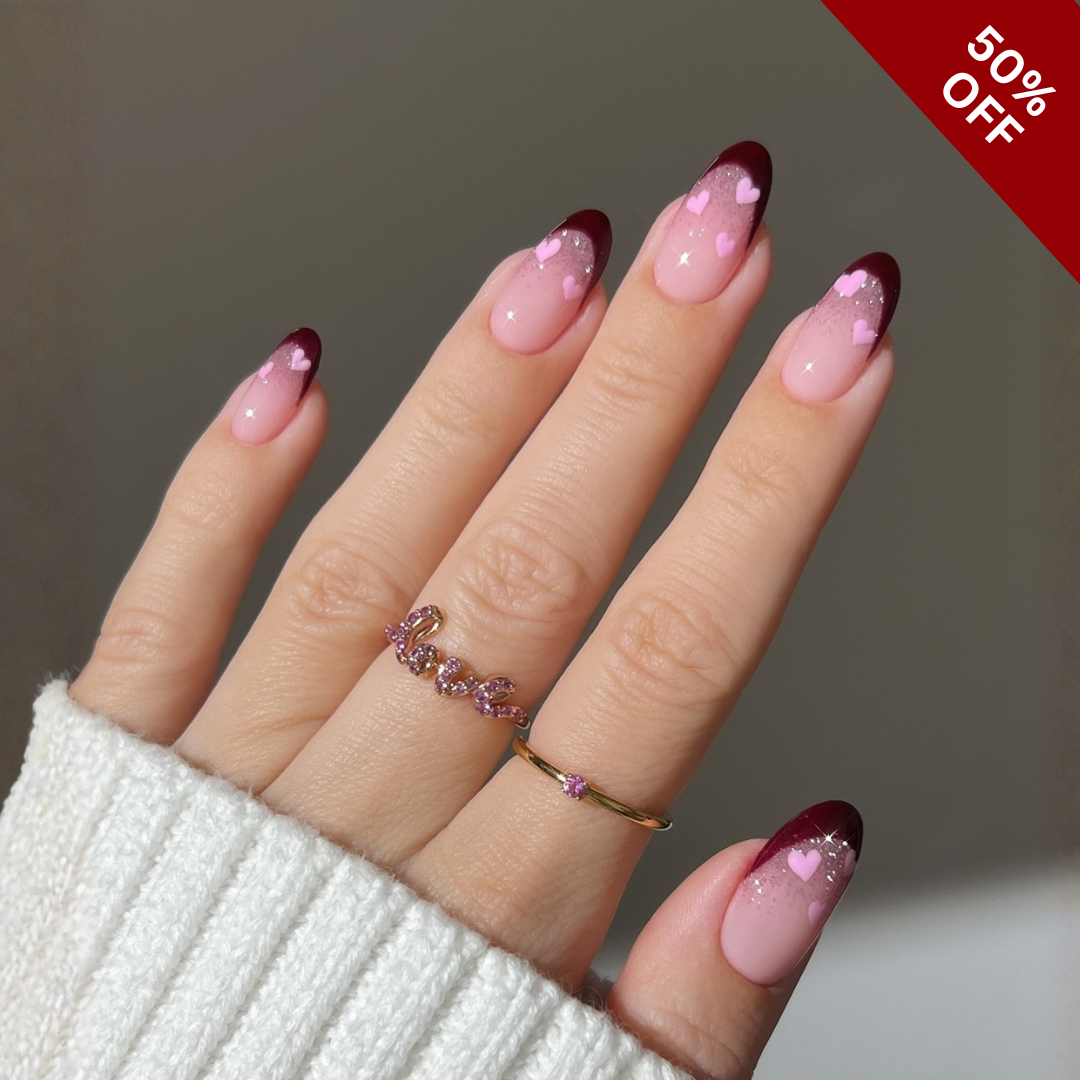 Velvet Valentine press-on nail set - XS to L sizing, cat-eye velvet design