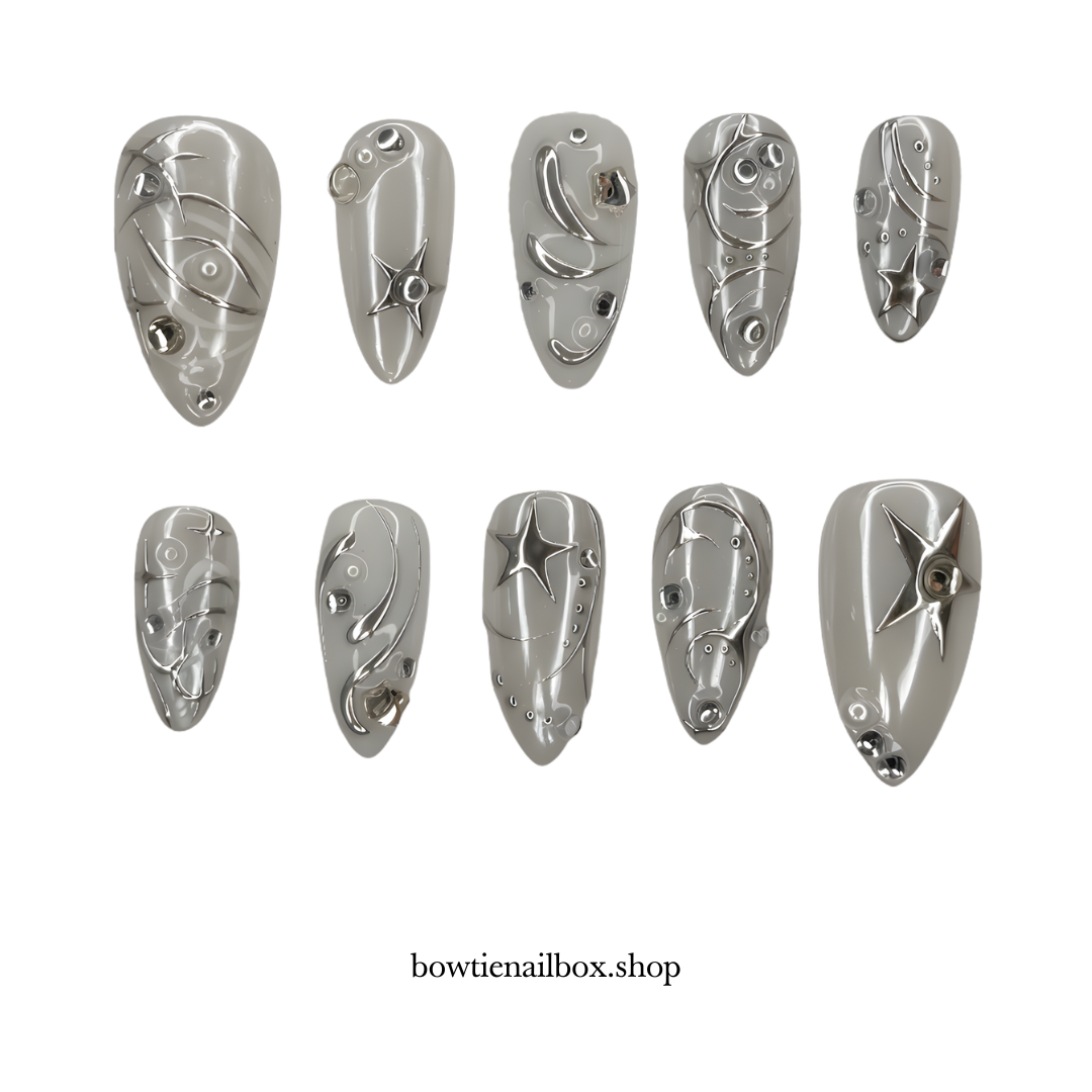 SILVER SURGE pearl-shift press-on nails - almond shape, front view