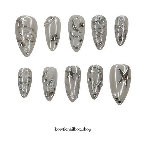 SILVER SURGE pearl-shift press-on nails - almond shape, front view