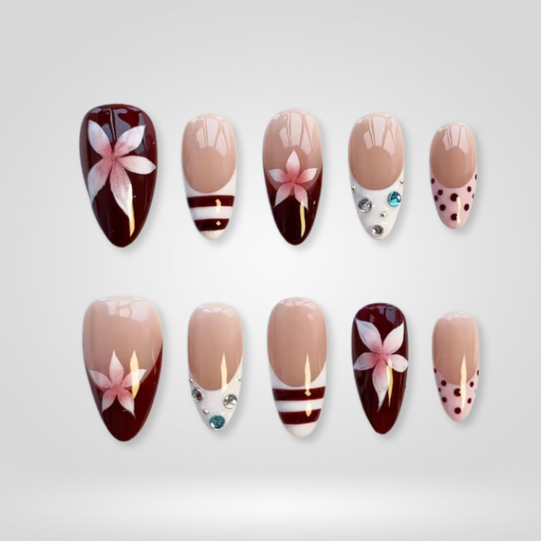 Wine Blossom butter yellow press-on nails - almond shape, front view